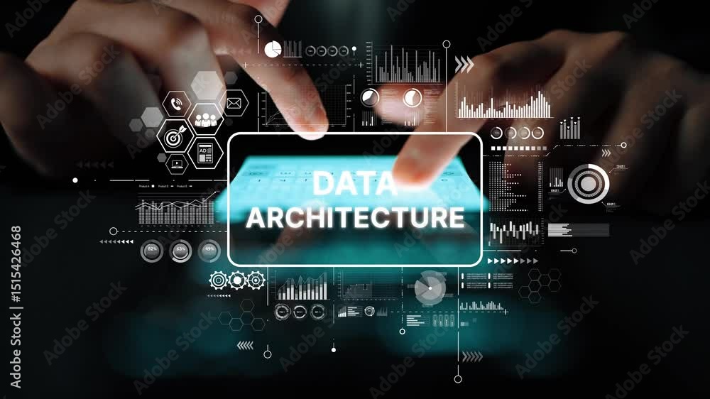 Poster hands typing on a virtual keyboard with data architecture graphics and analytics visuals in backgrou