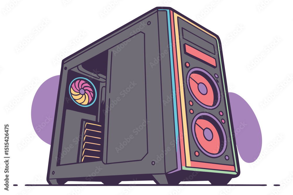 Poster vector illustration of a modern computer case with colorful lighting and cooling fan designed for ga