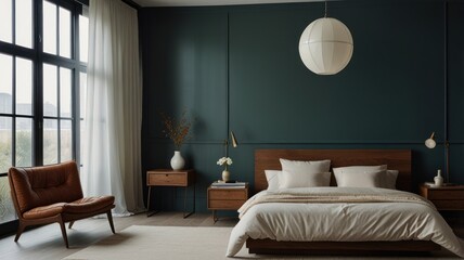 Modern bedroom with dark teal walls