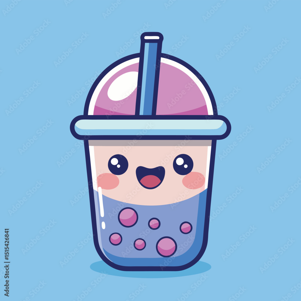Poster cute and colorful bubble tea design featuring smiling face and joyful elements, ideal for branding a