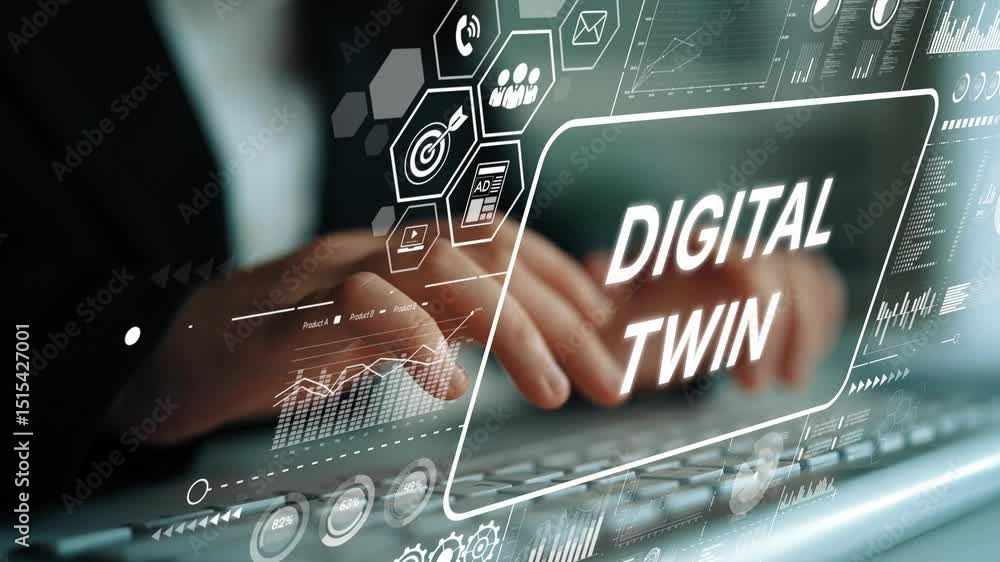 Poster hands typing on keyboard with digital twin concept and data visualization elements in modern technol