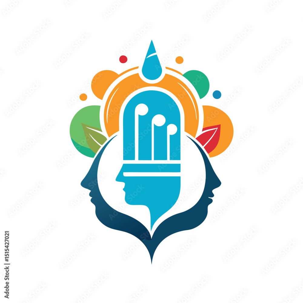 Poster Colorful vector illustration of a tree with abstract leaves and shapes representing growth, community, and harmony in a modern design style