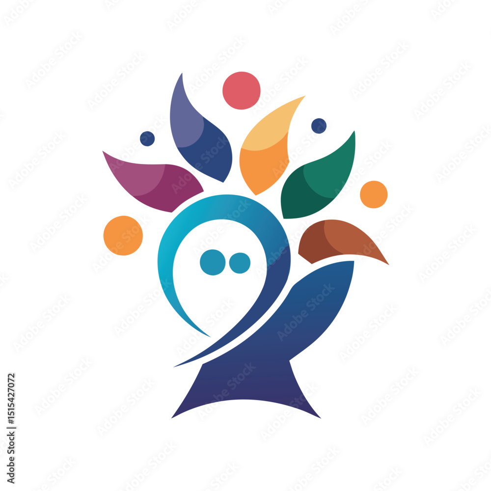 Poster colorful vector illustration of a tree with abstract leaves and shapes representing growth, communit