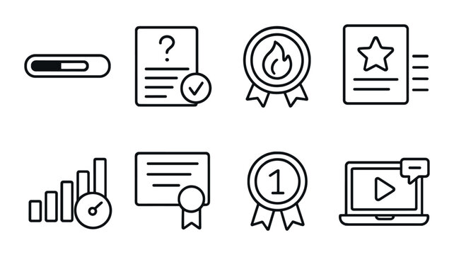 Online course outline icons set – education, e-learning, certification symbols