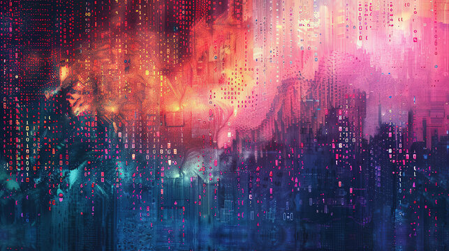 Abstract digital background featuring binary code and AI algorithms running in layers, symbolizing data processing, machine learning, and the complexity of artificial intelligence systems