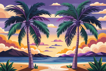 Obraz premium Beautiful palm tree vector art illustration on sunset beach