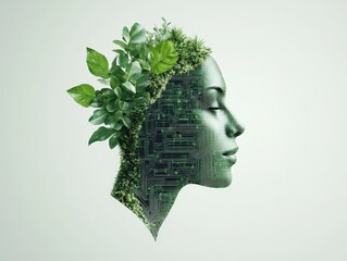 A human profile with circuit patterns and green plants, blending technology and nature in a creative, eco-friendly concept.