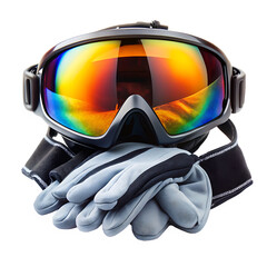 Modern ski goggles and ski gloves displayed against a transparent background ready for winter sports