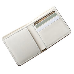 Open white leather wallet displaying stored credit cards and empty compartments on transparent background