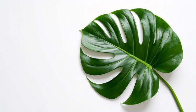 einzelnes gr&uuml;nes Blatt einer Monstera Deliciosa rechts auf wei&szlig;em Hintergrund mit viel Freifl&auml;che f&uuml;r Text