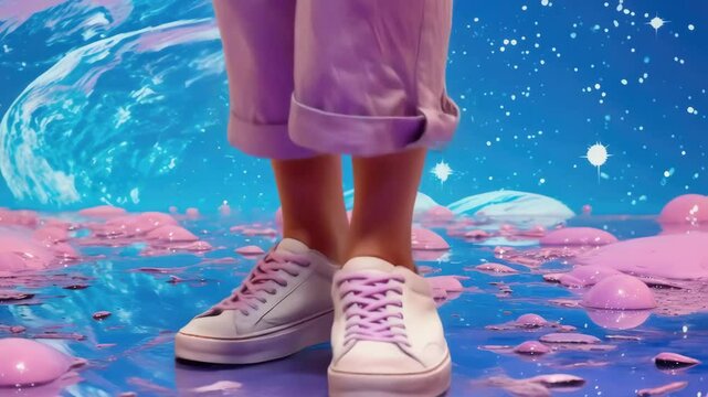 Woman wearing trendy white sneakers with pink laces and cuffed lavender pants standing in a whimsical cosmic landscape, fashion footwear concept 