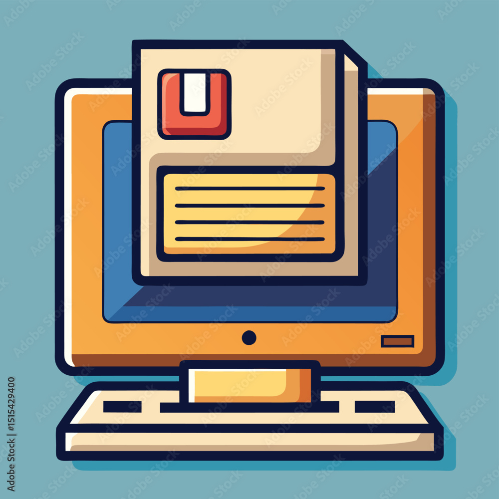 Aufkleber Vector illustration of a computer with a floppy disk showcasing retro technology in a colorful design against a pastel background