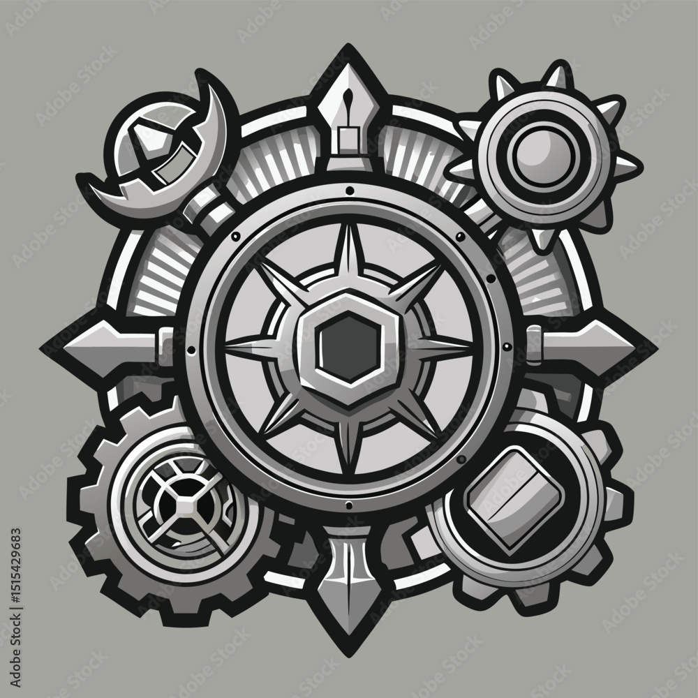 Aufkleber unique vector illustration of a gear-themed logo with a central compass design featuring various mec