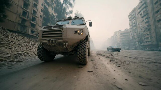 Military armored personnel carrier moves through a devastated urban landscape after conflict