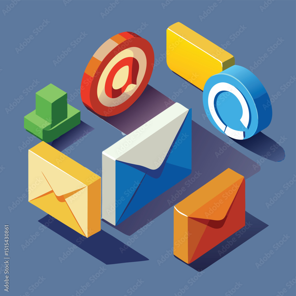 Poster Vector illustration of various email icons and symbols on a blue background showcasing communication and digital interaction elements