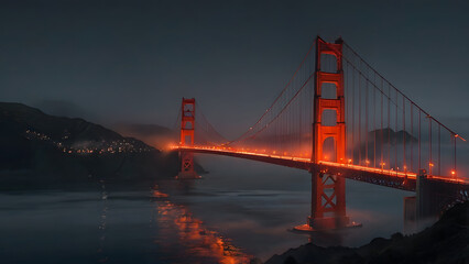 Obraz premium A pixel art scene of the Golden Gate Bridge shrouded in fog at night. Only the tops of the bridge towers are visible above the thick pixelated mist, glowing with soft orange and red lights. The water 