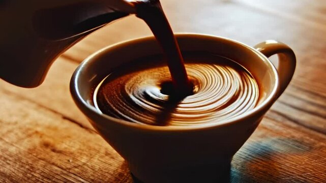 Pouring cream into a cup of coffee creating a beautiful swirl on a wooden table, showcasing the art of coffee preparation and the rich texture of the beverage