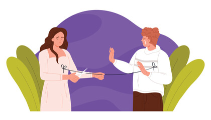 Freedom from unhealthy codependency relationship, divorce or breakup, separation. Sad woman with scissors cutting rope of connection with partner to free from dependency cartoon vector illustration