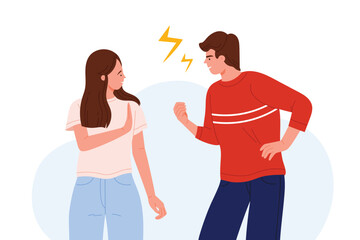 People quarrel in conflict, family aggressive fight and conflict conversation of couple, divorce and domestic abuse. Angry man screaming to sad woman with stop gesture cartoon vector illustration