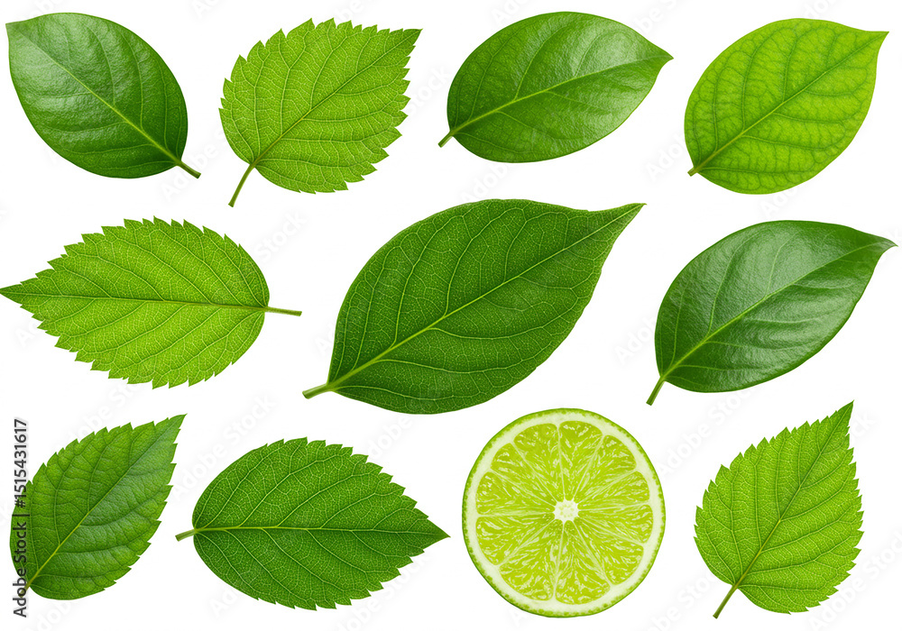 Poster green leaves and lime slice isolated on transparent background isolated on transparent background