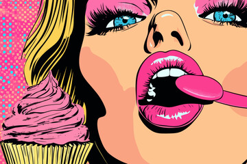 A woman's mouth is open in a sexy manner as she eats a colorful cupcake, set against a modern bright background in comic retro pop art style