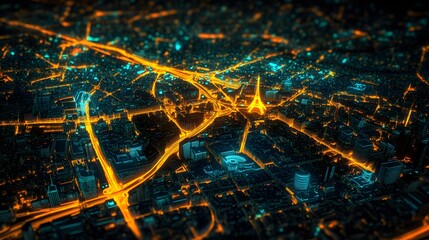 Futuristic glowing map of Paris with illuminated streets