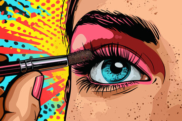 A closeup of a sexy girl applying mascara to her eyes, set against a modern, colorful comic retro pop art background, as she applies cosmetics to her face in a pop art makeup style