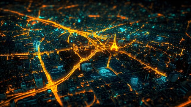 Futuristic glowing map of Paris with illuminated streets