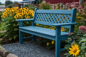 Blue Wooden Garden Bench Surrounded by Flowers in Outdoor Seating Area of Peaceful Backyard Retreat