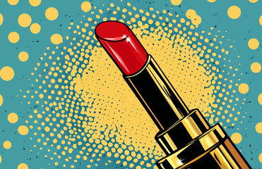 A closeup of a sexy girl applying lipstick to her lips, with the lipstick in her hand and an empty speech bubble nearby, exemplifies pop art makeup