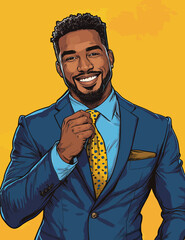 Modern color pop art style illustration features a businessman in suit, specifically a handsome African-American guy wearing a black jacket, embodying a happy successful Office manager