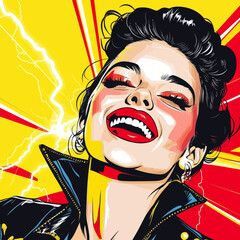 A woman in a cartoon pop art style is depicted smiling against a red background