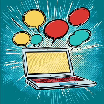 The illustration is a retro modern open laptop notebook computer pinup in pop art style, imitating a comic book