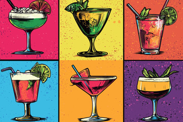 A range of cocktails, accompanied by pop art style illustrations, and created using generative AI