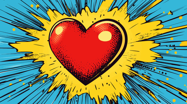 An image of a red heart bursting apart set against a vibrant blue backdrop, rendered in a dynamic pop art style