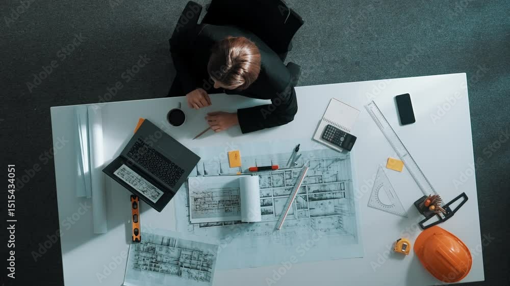 Poster top view of skilled designer using laptop to analysis building construction while sitting at table w