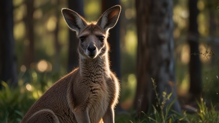 Obraz premium A kangaroo in a forest setting, bathed in golden sunlight