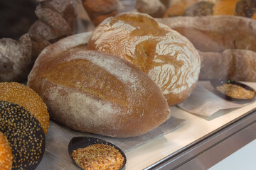 Fresh bread on a counter of the grocery store