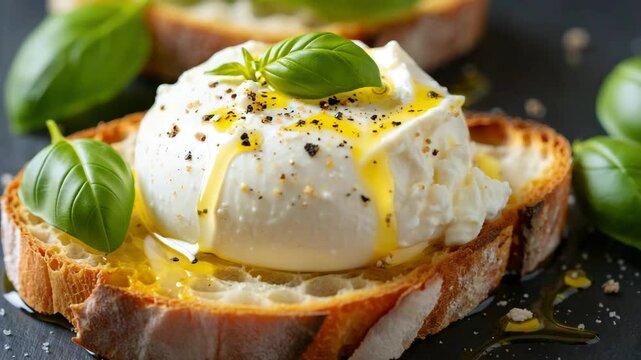 Fresh burrata cheese with olive oil, basil leaves, and cracked pepper on toasted bread, gourmet appetizer, Italian cuisine, artisanal snack, rustic food styling, Mediterranean ingredients