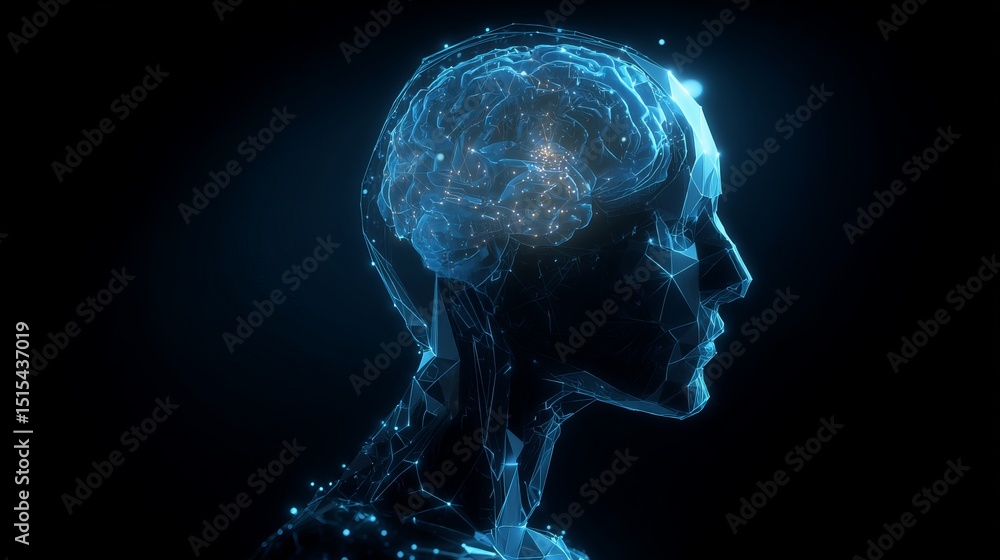 Poster abstract human brain profile digital art neural network technology futuristic glowing blue lines poi
