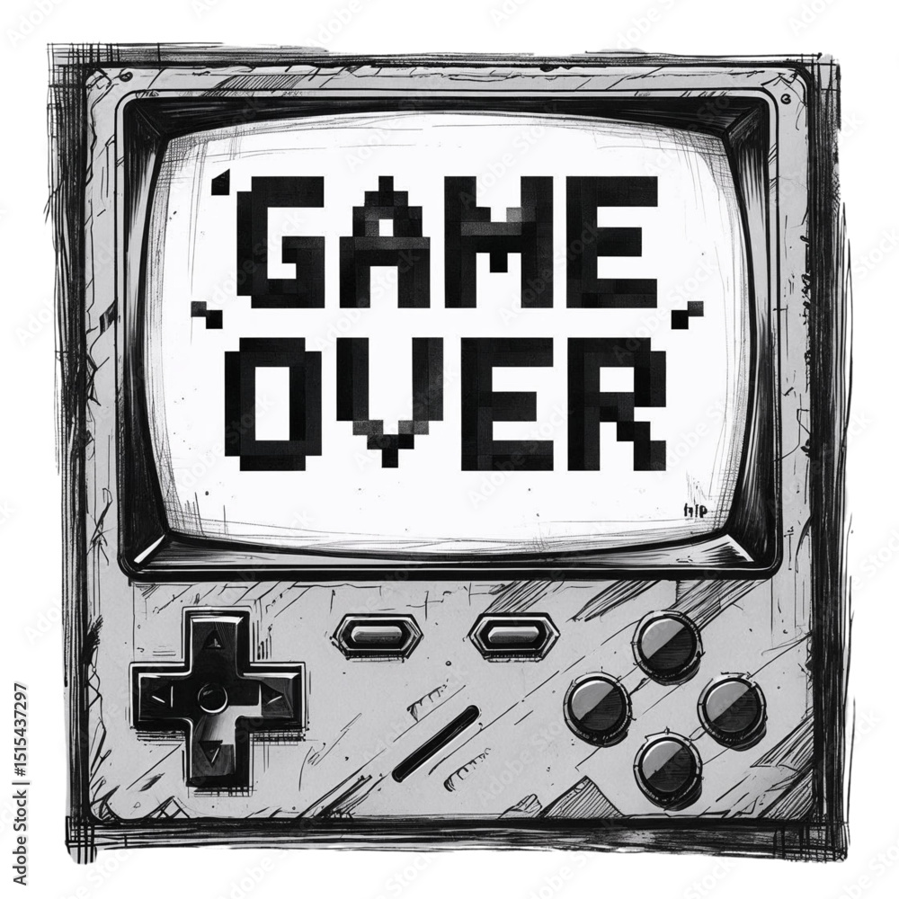 Poster retro handheld video game console with game over screen for vintage gaming nostalgia and pixel art d