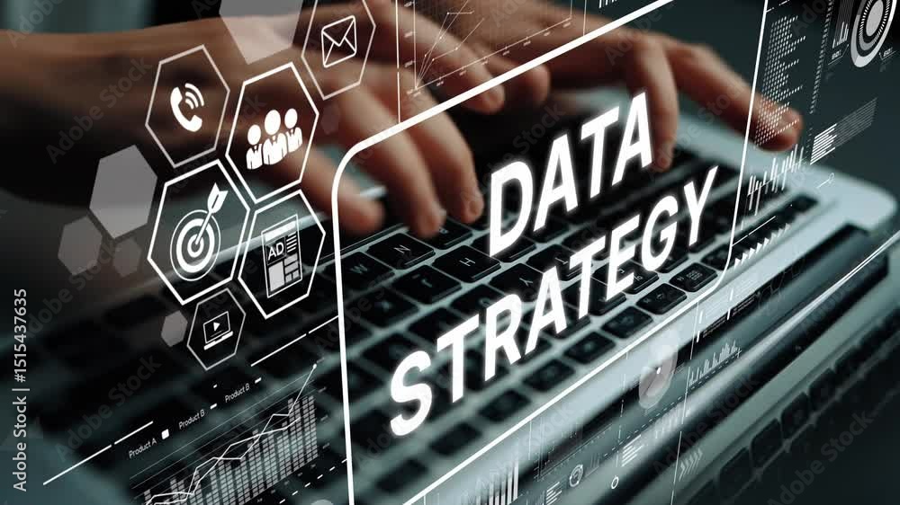 Poster creative data strategy concept with laptop and digital graphics representing analysis and planning i