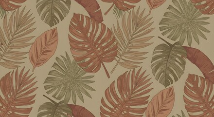 Seamless botanical pattern with hand-drawn tropical leaves and earthy tones for natural themed backgrounds