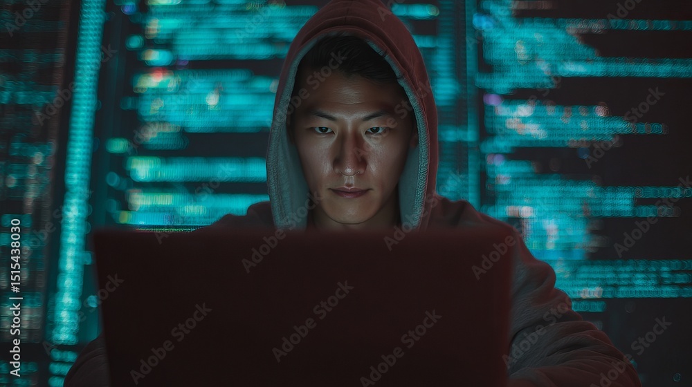 Poster focused programmer working late night on laptop screen cybersecurity coding software development dig
