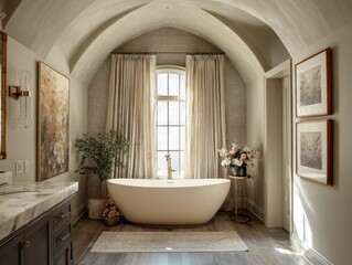 A bathroom with a large bathtub and a window. There is a vase with flowers on a table
