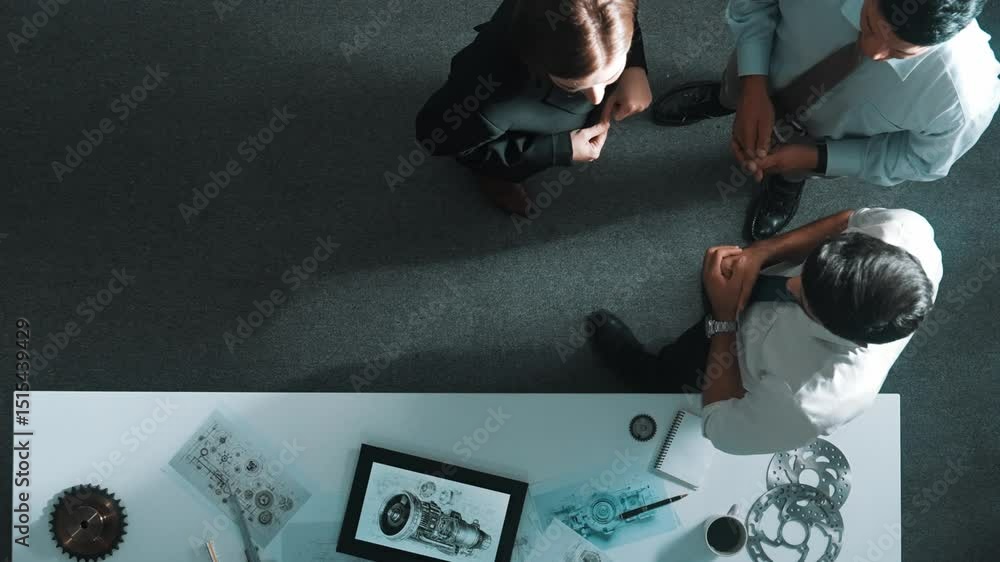 Poster top down view of smart engineer talking about turbine engine design while standing at meeting table 