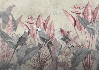 Bird of paradise. Mural Wallpaper. Watercolor Rainforest. Vintage Tropical Background. Background in shades of ochre.
