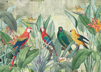 Bird of paradise. Mural Wallpaper. Watercolor Rainforest. Vintage Tropical Background. Background in shades of ochre.  © александр Бужореан