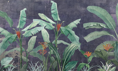Mural Wallpaper. Watercolor Rainforest. Vintage Tropical Background. © александр Бужореан