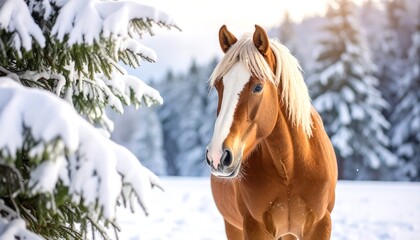 Winter Horse in Snowy Forest.